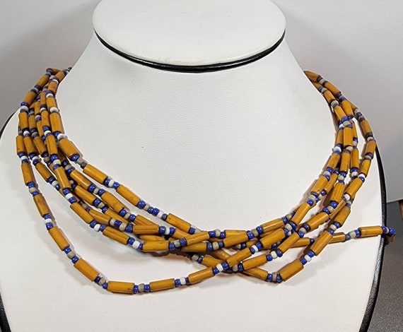 african glass bead necklace saffron ochre white blue multi strand