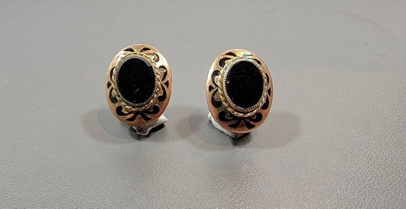 Antique earrings art deco screw on oval small black enamel accents