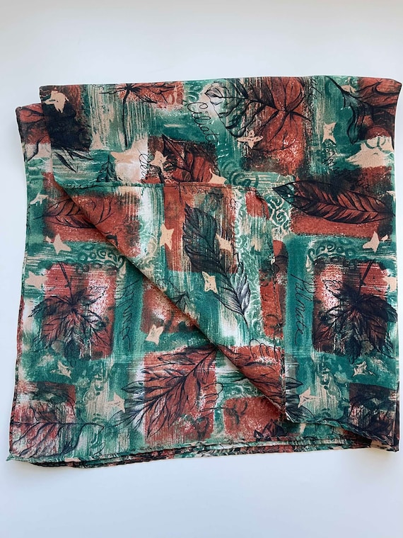 Silk Scarf with different types of tree leaves gr… - image 3