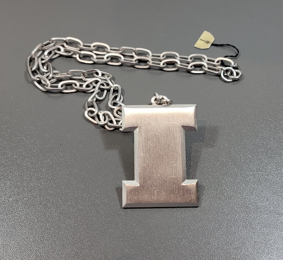 crown trifari necklace silver tone chain initial I monogram