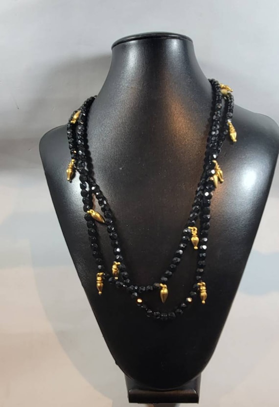 charm necklace black glass beads gold tone charms vintage nineties