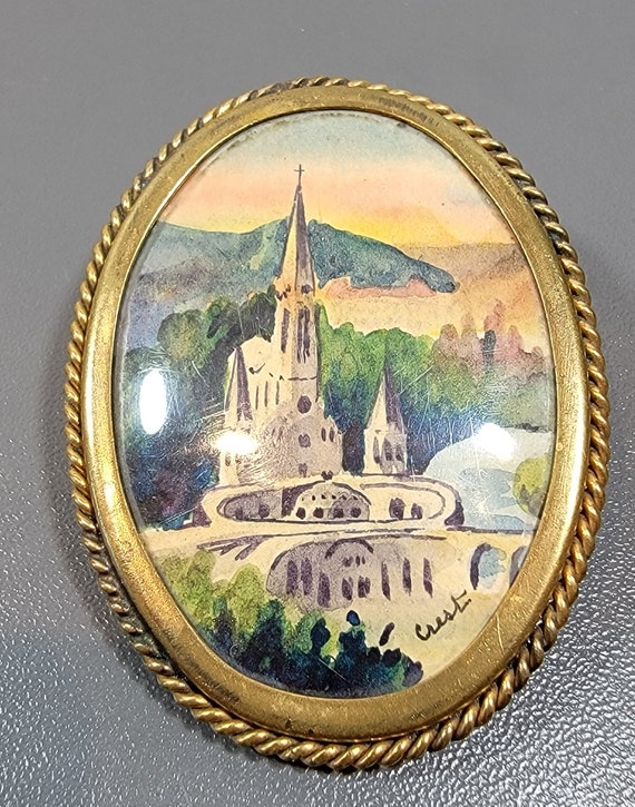 Lourdes brooch religious shrine handpainted tiny art work
