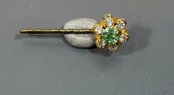 Rhinestone hairpin white and green rhinestones on goldtone flower shape