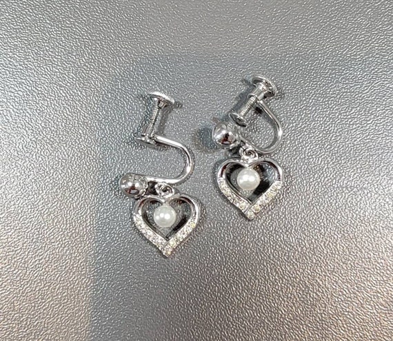 Heart earrings Pearls sterling silver screw on rh… - image 5