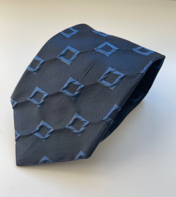 Blue silk necktie square jacquard design vintage Italy