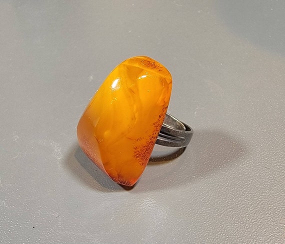 Baltic amber statement ring silver modernist design adjustable
