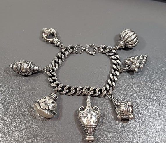 charm bracelet pewter tone metal charms hollow