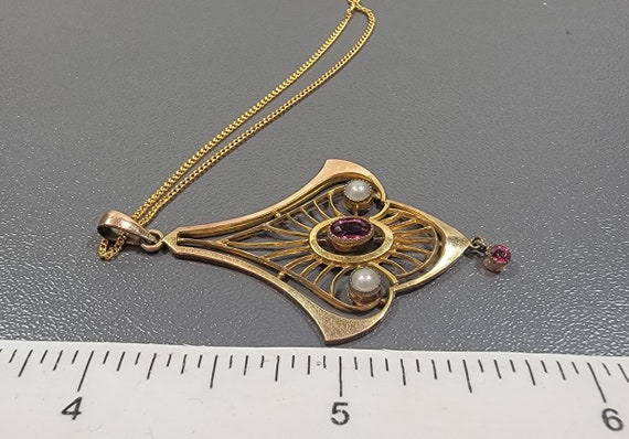red glass pendant antique necklace fake garnet dr… - image 2