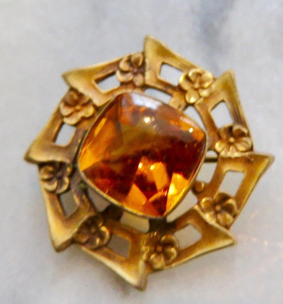 Antique flower brooch Citrine glass Victorian Sty… - image 1