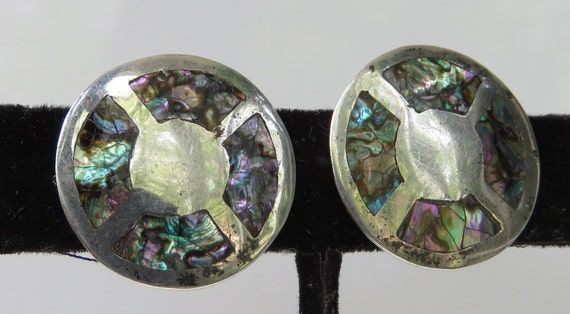 Abalone earrings button shape screw on Mexico sterling