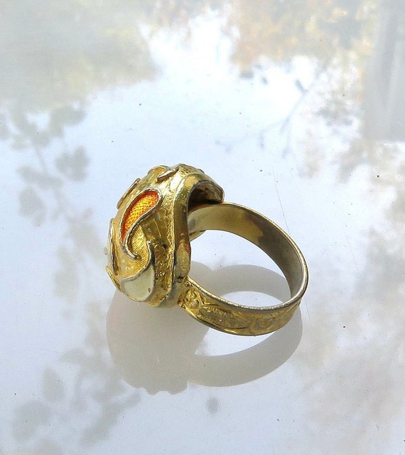 Paisley ring white orange gold adjustable vintage… - image 9