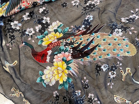 Peacock Silk Chiffon Scarf Oblong Long Floral on … - image 4