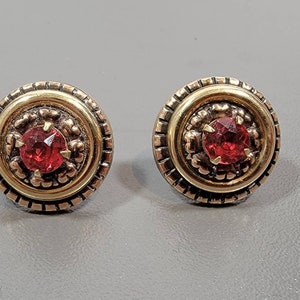 red rhinestone earrings screw on gold plated deco