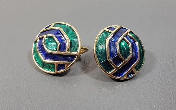 BOUCHER earrings green and blue enamel clip on