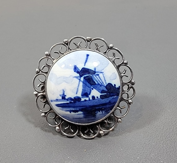 Windmill brooch Porcelain cabochon handpainted delft amsterdam gift