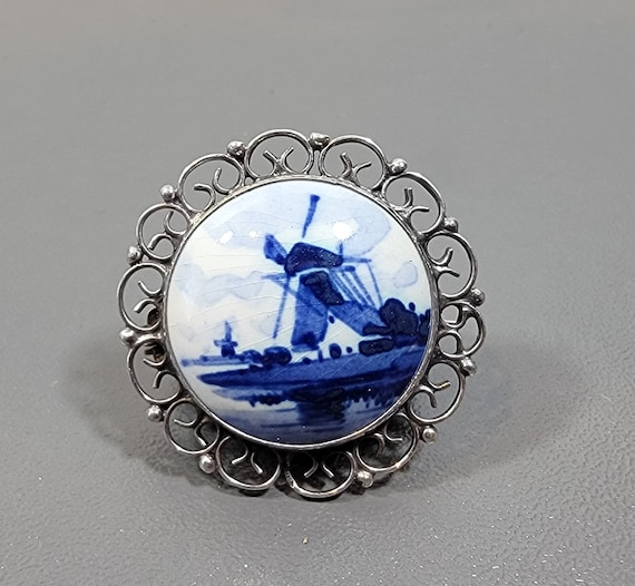 Windmill brooch Porcelain cabochon handpainted de… - image 1