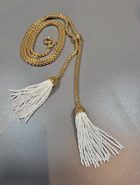 Lariat necklace white bead tassel box chain j. cr… - image 3