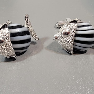 fish cufflinks glass stones black and white stripes silver tone metal novelty cuff links