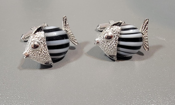 fish cufflinks glass stones black and white stripes silver tone metal novelty cuff links