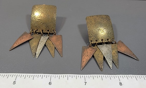 Brass earrings dangle drops tribal mbsf clip on v… - image 3