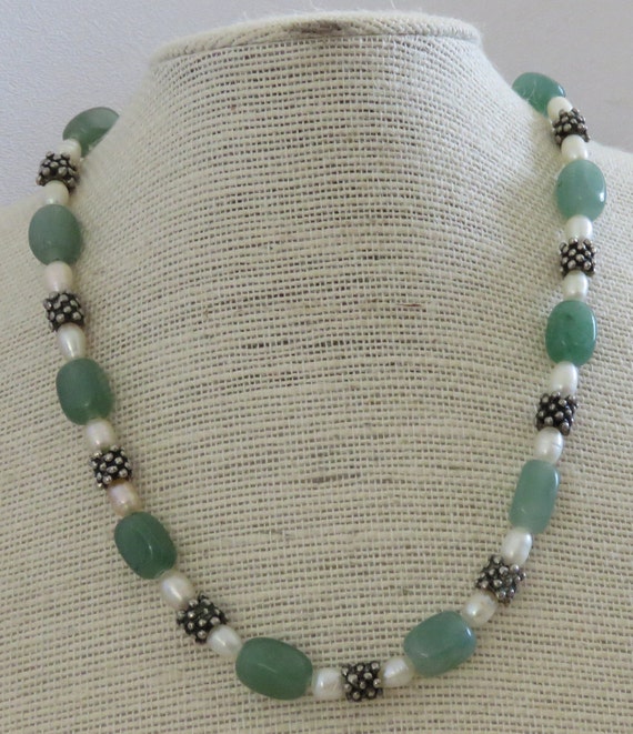 Pearl necklace Green bead Aventurine Lucky necklac