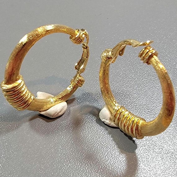 hoop earrings gold tone metal pierced look clip on style boho tribal design