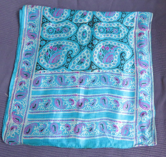 Aqua and Pink Silk Paisley scarf Hand printed OBL… - image 1