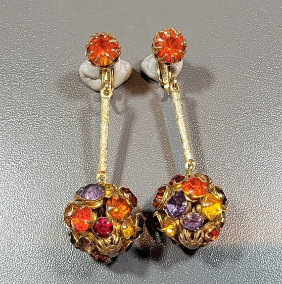 dangle rhinestone earrings yellow purple red brown sixties clip on