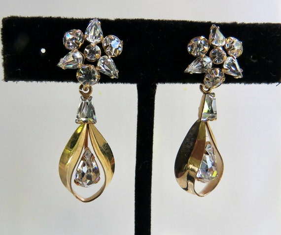 dangle rhinestone earrings yellow gold filled Flower drop blossoms