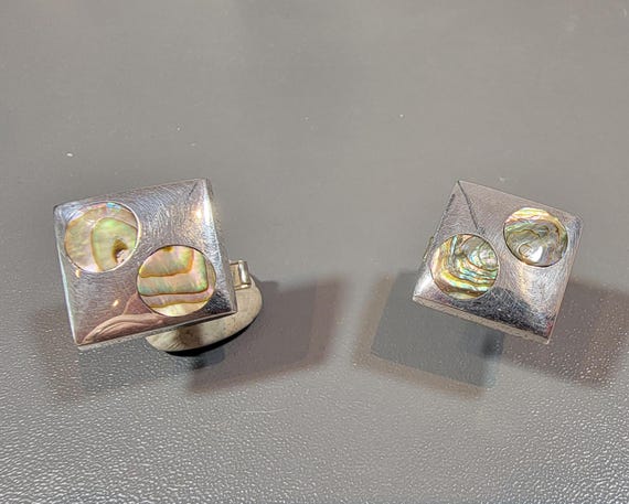 abalone cufflinks sterling silver Mexican souvenir square vintage