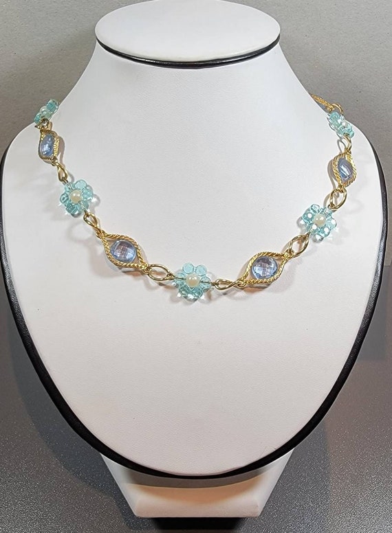 blue glass station necklace chain floral links faux pearls very unusual and fancy