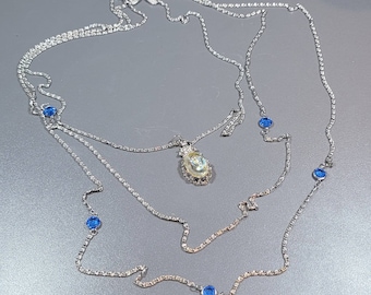 intaglio pendant Silver tone chains blue bezel stones chains goldette