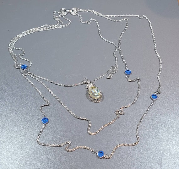 intaglio pendant Silver tone chains blue bezel stones chains goldette