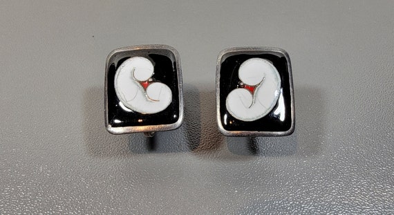 enamel earrings sterling silver black red and white screw on style freeman