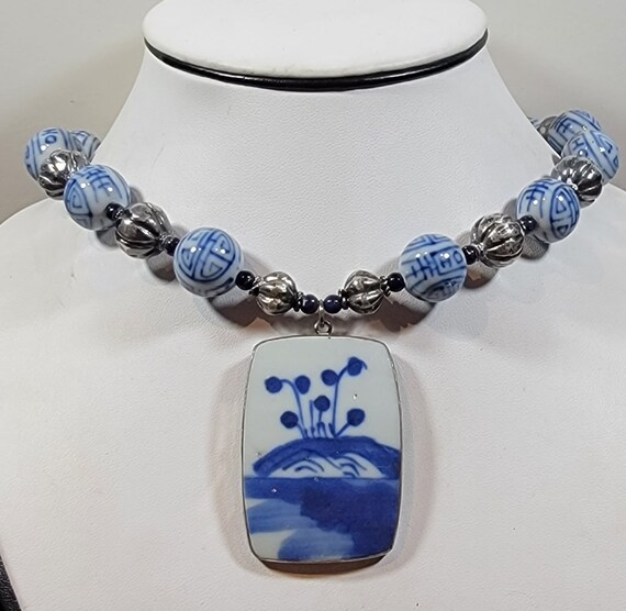 chinese pottery blue and white necklace beads sterling silver pendant