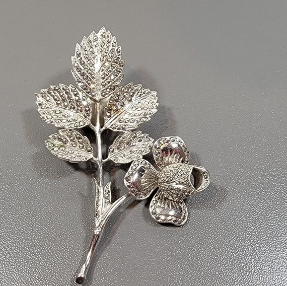 Rose flower brooch sterling silver marcasite large bouquet June birthday