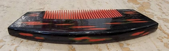 Japanese hair comb modern black red green lacquer… - image 7