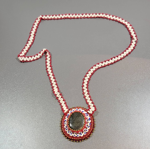 beaded necklace red white glass unknown oval ston… - image 3