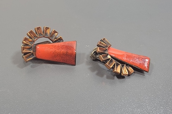 Copper earrings enamel matisse renoir clip on orange enamel