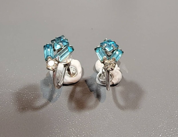 blue rhinestone earrings white gold filled pierced look