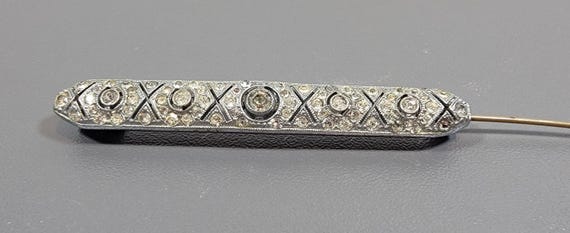 antique brooch silver tone metal crystal bar pin geometric design