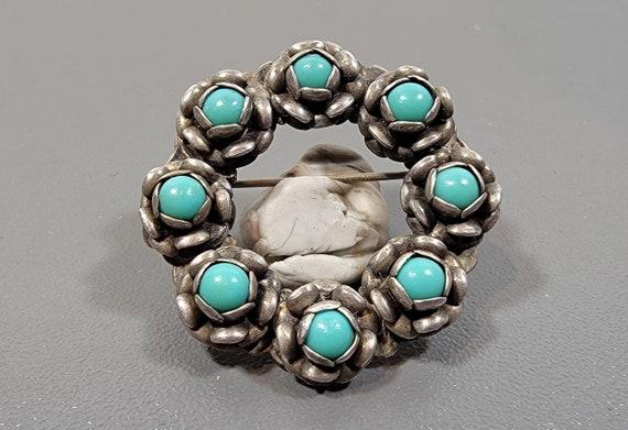 wreath pin sterling silver and turquoise vintage