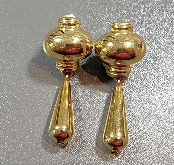 gold tone earrings clip on style dangle torpedo teardrops