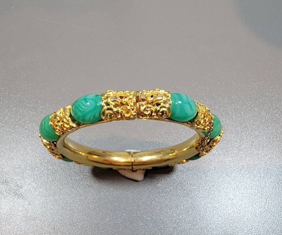 bangle bracelet green glass stones golden filigree small