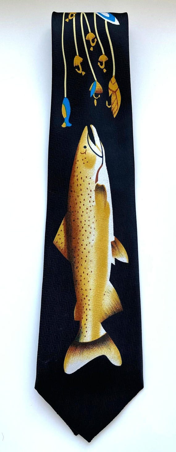 Vintage Fly Fishing Necktie: Handmade Trout Tie, Novelty Gift