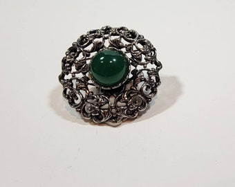 green rhinestone brooch silver tone filigree