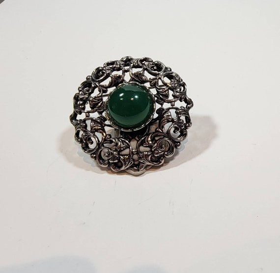 green rhinestone brooch silver tone filigree