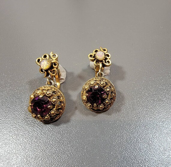 edwardian style earrings dangle drops purple stones faux opal