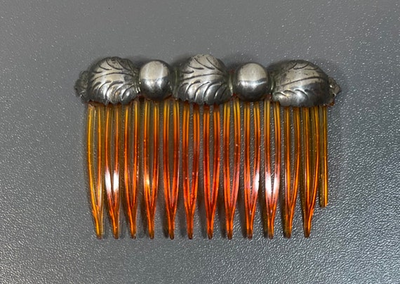 Vintage Silver and plastic Hair Comb Leaf pattern Handmade