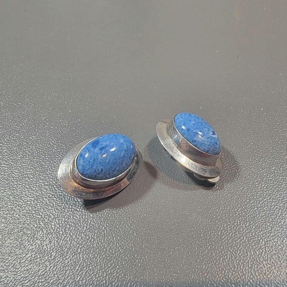 Clip earrings sterling silver blue stones hand made oval bezel set glass cabochon